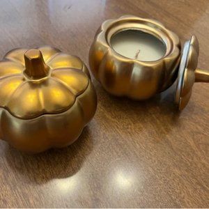 2 Sur La Table Gold Pumpkin Holder Candles with Lid